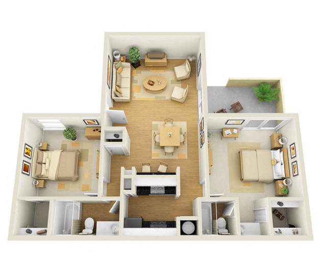 Floor plan for 2 beds, 2 baths, 1003 sqft